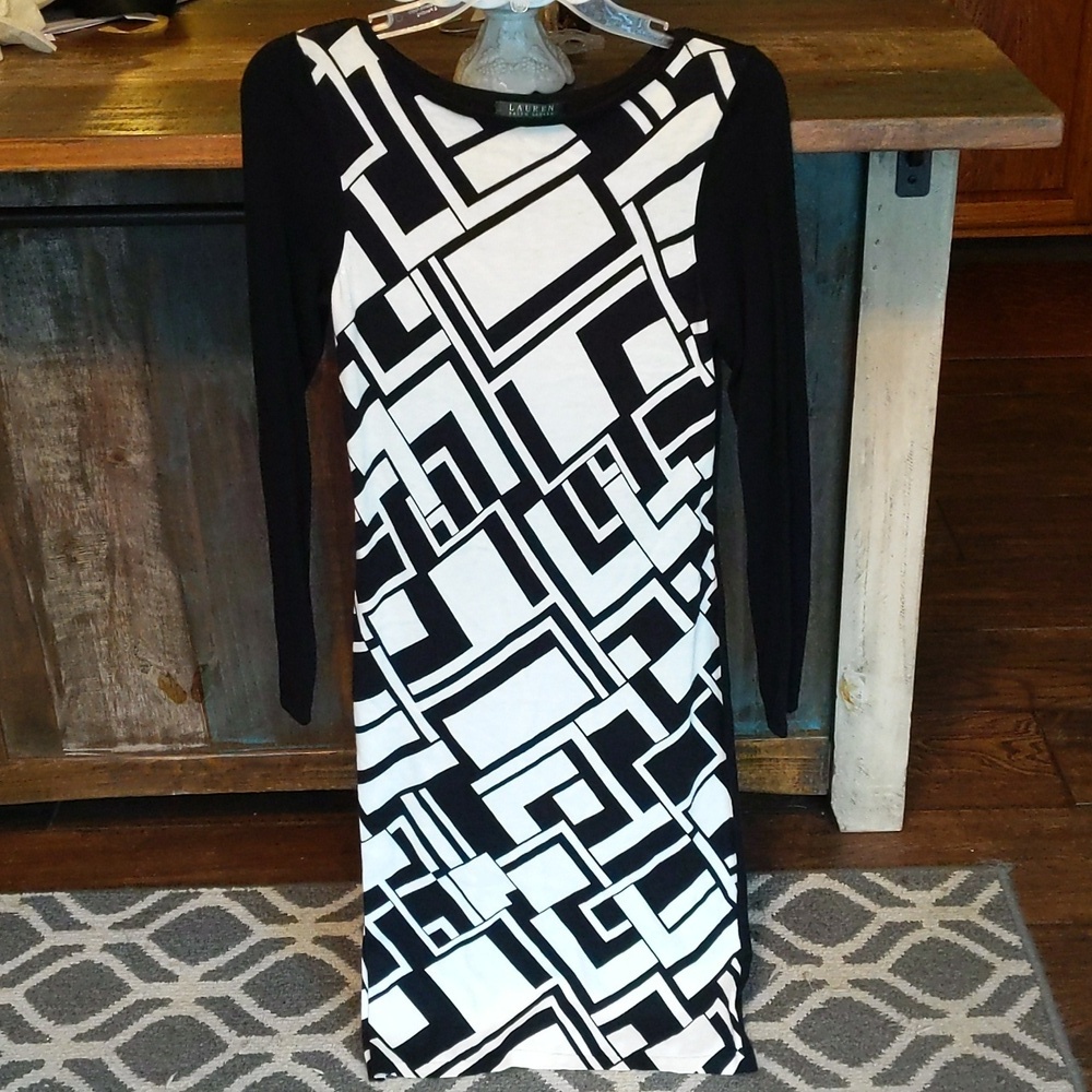 Lauren Ralph Lauren Black & White Geometric Sweater Dress - Women's Small